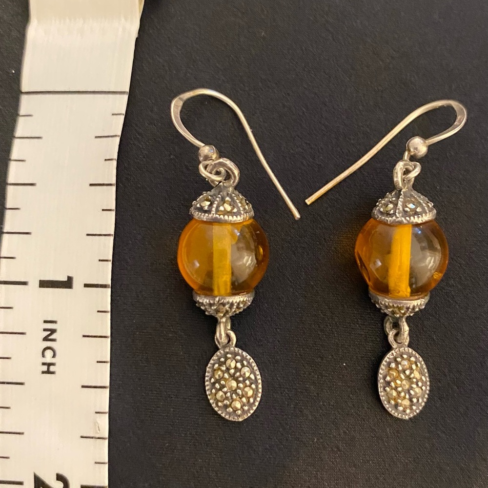 Sterling Silver, Marcasite and Amber Dangle Earrings